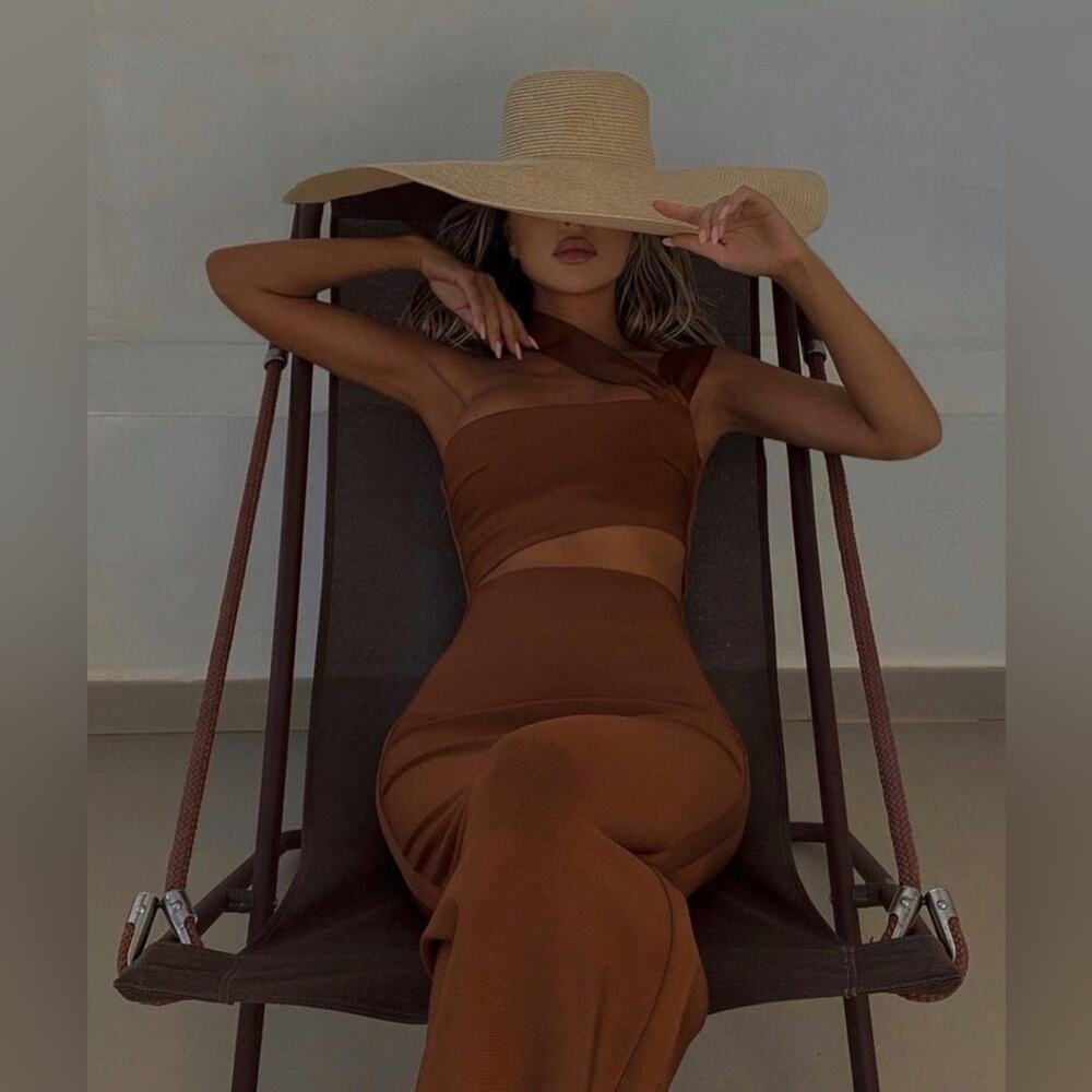 HOUSE OF CB Brown Tan Aina Bandage Sexy Bodycon Strappy Cut Out Midi Dress XS